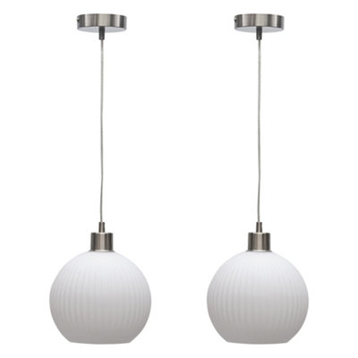First Choice Lighting Set Of 2 BetchleyWhite Ribbed Glass Globe With Satin Nickel Pendant from B&Q