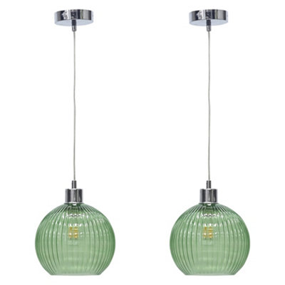 First Choice Lighting Set Of 2 BetchleyGreen Ribbed Glass Globe With Chrome Pendants from B&Q