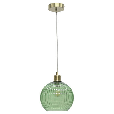First Choice Lighting BetchleyGreen Ribbed Glass Globe With Satin Brass Pendant Fitting from B&Q