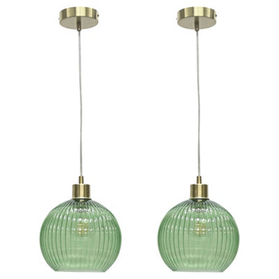 First Choice Lighting Set Of 2 BetchleyGreen Ribbed Glass Globe With Satin Brass Pendants from B&Q