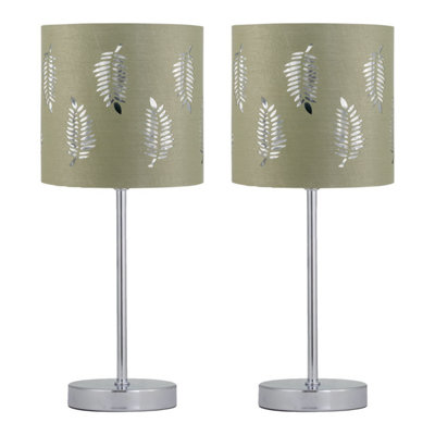 B&Q -  Set Of 2 Chrome Stick Table Lamps With Sage Green Fern Shades