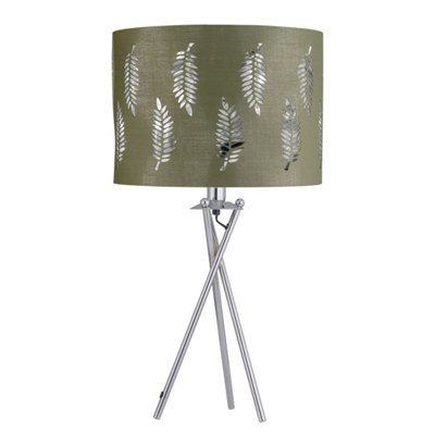 First Choice Lighting Chrome Tripod Table Lamp With Sage Green Fern Cut Out Shade from B&Q