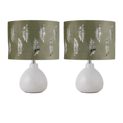 First Choice Lighting Set Of 2 TuscanWhite Ceramic Lamps With Sage Green Fern Shade from B&Q