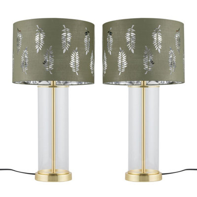 First Choice Lighting Set Of 2 AuraSatin Brass Lamps With Sage Green Fern Silver Shades from B&Q