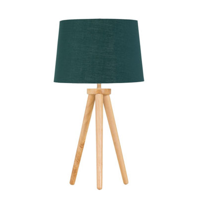 B&Q -  VoyageLight Oak Table Lamp Or Bedside Light With Green & Gold Shade
