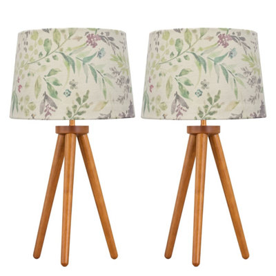 B&Q -  Set Of 2 Dark Oak Table Lamp Or Bedside Lights With Floral Shades