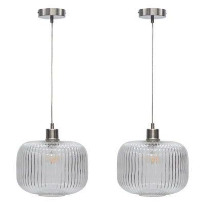 First Choice Lighting Set Of 2 Batley LargeClear Ribbed Glass With Satin Nickel Pendants from B&Q