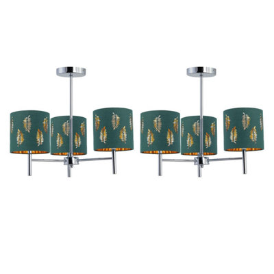 B&Q -  Set Of 2 BreaChrome 3 Light Fittings With Dark Green Fern Shades