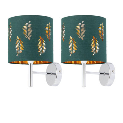 First Choice Lighting Set Of 2 BreaChrome Wall Lights With Dark Green Fern Shades from B&Q