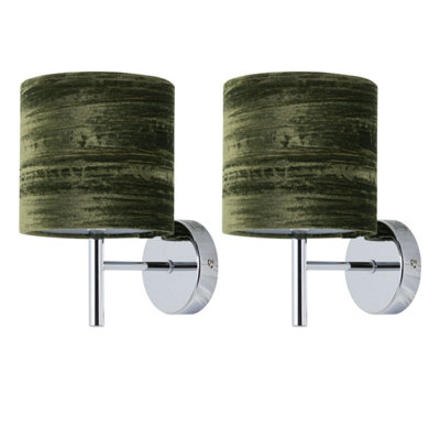 First Choice Lighting Set Of 2 BreaChrome Wall Lights With Green Crushed Velvet Shades from B&Q