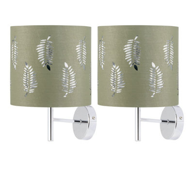 First Choice Lighting Set Of 2 BreaChrome Wall Lights With Sage Green Fern Shades from B&Q