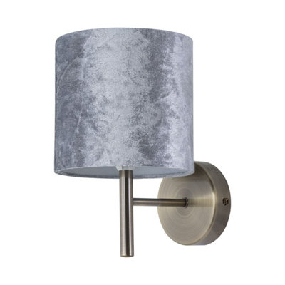 First Choice Lighting BreaAntique Brass Wall Light With Grey Crushed Velvet Shade from B&Q