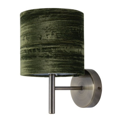 First Choice Lighting BreaAntique Brass Wall Light With Green Crushed Velvet Shade from B&Q