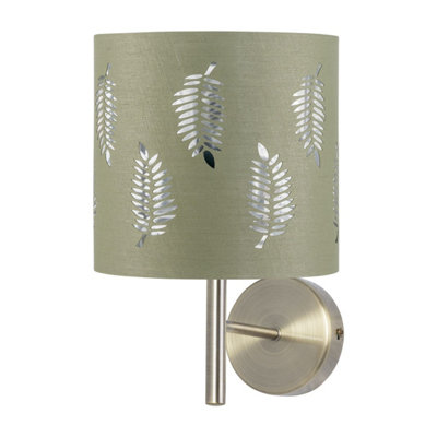 First Choice Lighting BreaAntique Brass Wall Light With Sage Green Fern Shade from B&Q