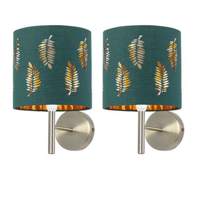 First Choice Lighting Set Of 2 BreaAntique Brass Wall Lights With Dark Green Fern Shades from B&Q