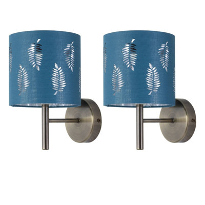 First Choice Lighting Set Of 2 BreaAntique Brass Wall Lights With Teal Fern Shades from B&Q