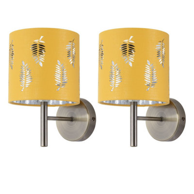 First Choice Lighting Set Of 2 BreaAntique Brass Wall Lights With Ochre Fern Shades from B&Q