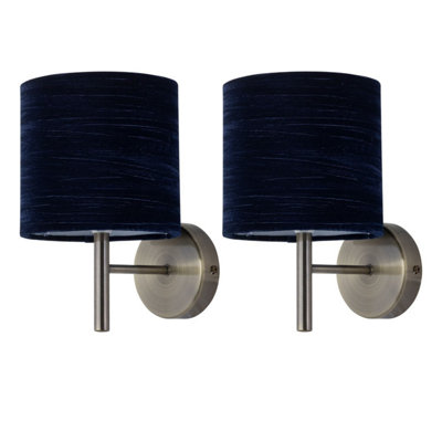 First Choice Lighting Set Of 2 BreaAntique Brass Wall Lights With Navy Blue Velvet Shades from B&Q