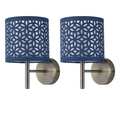First Choice Lighting Set Of 2 BreaAntique Brass Wall Lights With Navy Blue Cut Out Shade from B&Q