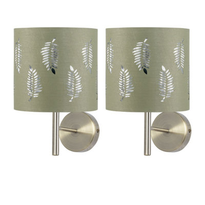 First Choice Lighting Set Of 2 BreaAntique Brass Wall Lights With Sage Green Fern Shades from B&Q