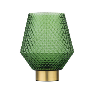 First Choice Lighting PorterBattery Operated Satin Brass Lamp With Green Textured Glass from B&Q