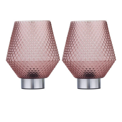 First Choice Lighting Set Of 2 PorterBattery Operated Chrome Lamps Pink Textured Glass from B&Q