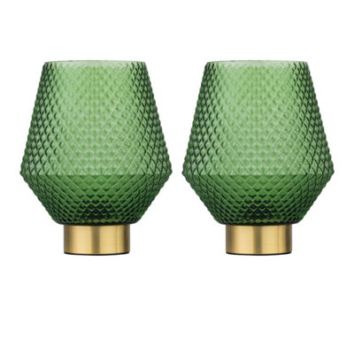 First Choice Lighting Set Of 2 PorterBattery Operate Satin Brass Lamps Green Tex Glass from B&Q