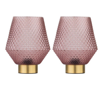 First Choice Lighting Set Of 2 PorterBattery Operated Satin Brass Lamps Pink Tex Glass from B&Q