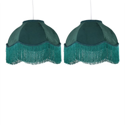 First Choice Lighting Set Of 2 FringeDark Green Velvet Fringed Pendant Or Lamp Shades from B&Q