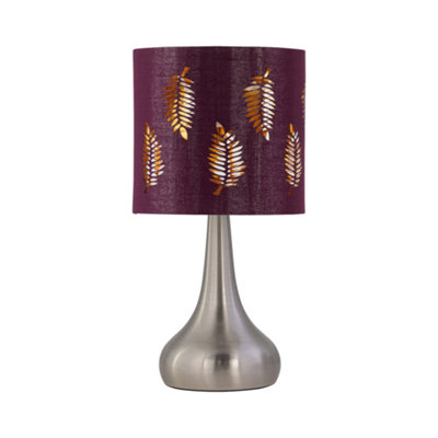B&Q -  RomanaBrushed Chrome Touch Table Lamp With Burgundy Fern Shade