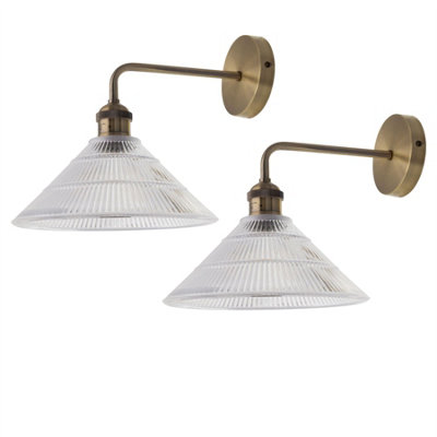 First Choice Lighting Set Of 2 IsaacAntique Brass Wall Lights With Fluted Glass Shades from B&Q