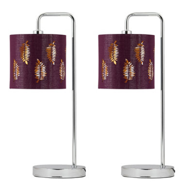 First Choice Lighting Set Of 2 Chrome Arched Table Lamps With Burgundy Fern Cut Out Shades from B&Q