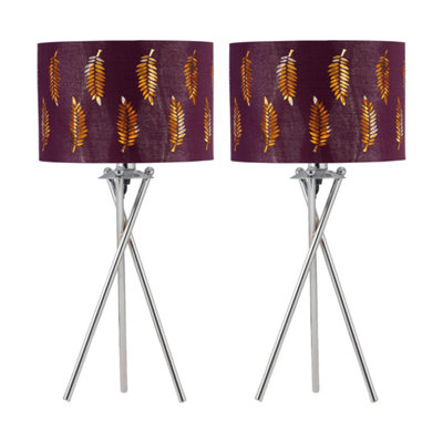 First Choice Lighting Set Of 2 Chrome Tripod Table Lamps With Burgundy Fern Cut Out Shades from B&Q