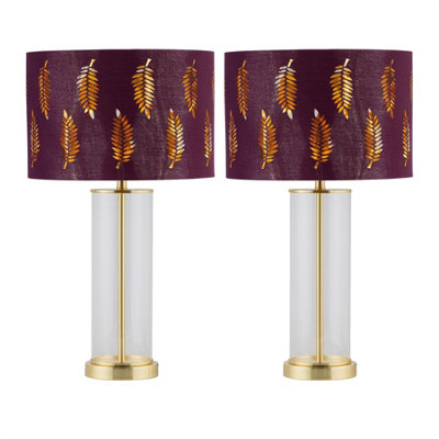 First Choice Lighting Set Of 2 AuraSatin Brass Table Lamps With Burgundy Fern Shades from B&Q
