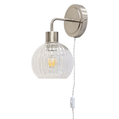 First Choice Lighting TobySatin Nickel Plug In Wall Light With Betchley Clear Shade from B&Q