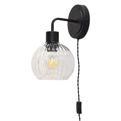First Choice Lighting TobyBlack Plug In Wall Light With Betchley Clear Ribbed Shade from B&Q