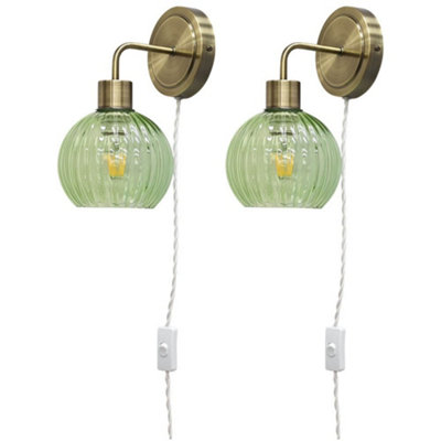 First Choice Lighting Set Of 2 TobyAntique Brass Plug In Wall Lights Green Globe Shades from B&Q