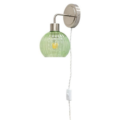 First Choice Lighting TobySatin Nickel Plug In Wall Light With Betchley Green Shade from B&Q