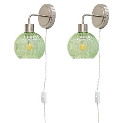 First Choice Lighting Set Of 2 TobySatin Nickel Plug In Wall Lights Green Shades from B&Q