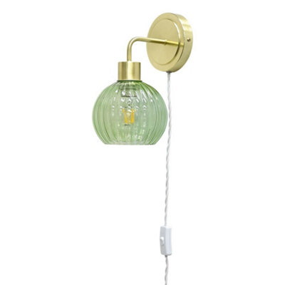 First Choice Ing Toby - Satin Brass Plug In Wall With Betchley Ribbed Shade Light/Green