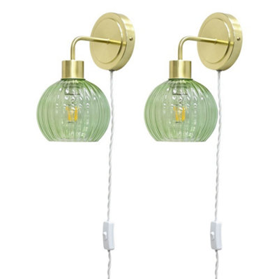 First Choice Lighting Set Of 2 TobySatin Brass Plug In Wall Lights Green Ribbed Shades from B&Q