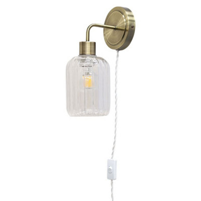 First Choice Lighting TobyAntique Brass Plug In Wall Light & Lozenge Ribbed Glass Shade from B&Q