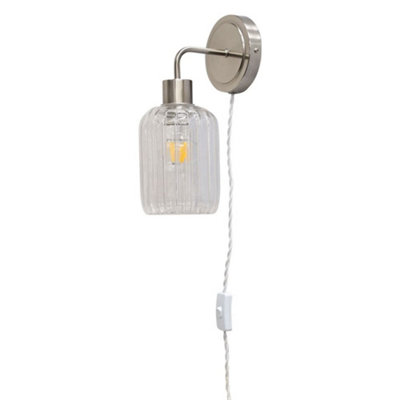 First Choice Lighting TobySatin Nickel Plug In Wall Light With Lozenge Ribbed Glass Shade from B&Q