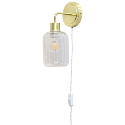 First Choice Ing Toby - Satin Brass Plug In Wall With Lozenge Ribbed Glass Shade Light