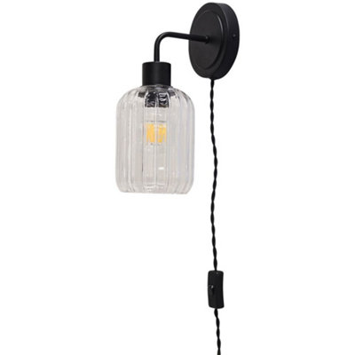 First Choice Lighting TobyBlack Plug In Wall Light With Lozenge Ribbed Glass Shade from B&Q