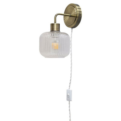 First Choice Lighting TobyAntique Brass Plug In Wall Light With Batley Ribbed Glass Shade from B&Q
