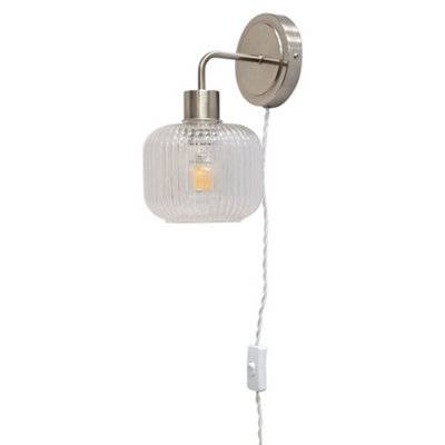 First Choice Lighting TobySatin Nickel Plug In Wall Light With Batley Ribbed Glass Shade from B&Q