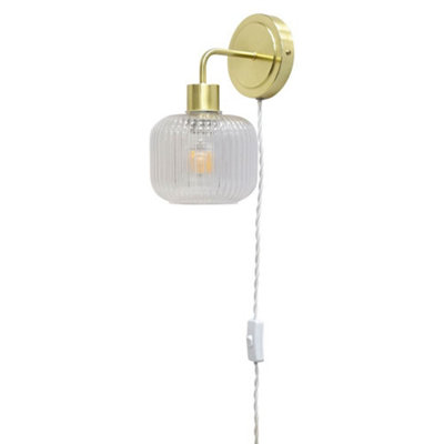 First Choice Lighting TobySatin Brass Plug In Wall Light With Batley Ribbed Glass Shade from B&Q