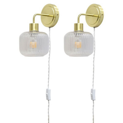 First Choice Lighting Set Of 2 TobySatin Brass Plug In Wall Lights  Ribbed Glass Shades from B&Q