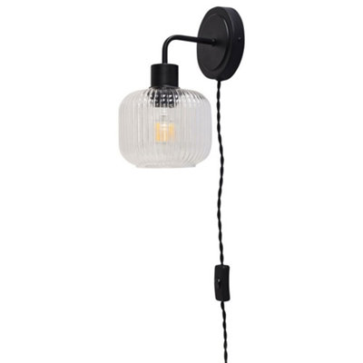 First Choice Lighting TobyBlack Plug In Wall Light With Batley Ribbed Glass Shade from B&Q